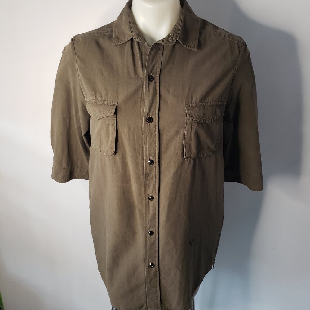 Olive Army Green AR Aloha Rag 3/4 Length Sleeve Button Up Shirt Side Zips